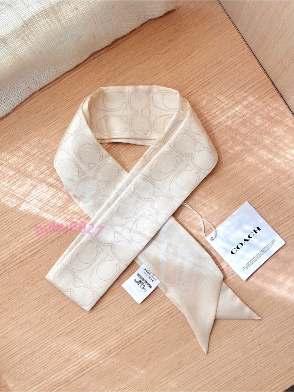 NWT🌾Coach Textured Signature Print Silk Skinny Scarf Chalk C2783 Cream Hair Gift